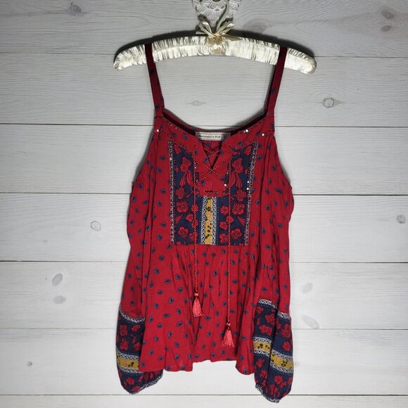 Abercrombie & Fitch Red Blue Boho Cold Shoulder Flowy Sequin Paisley Tassel Top. - Picture 4 of 7